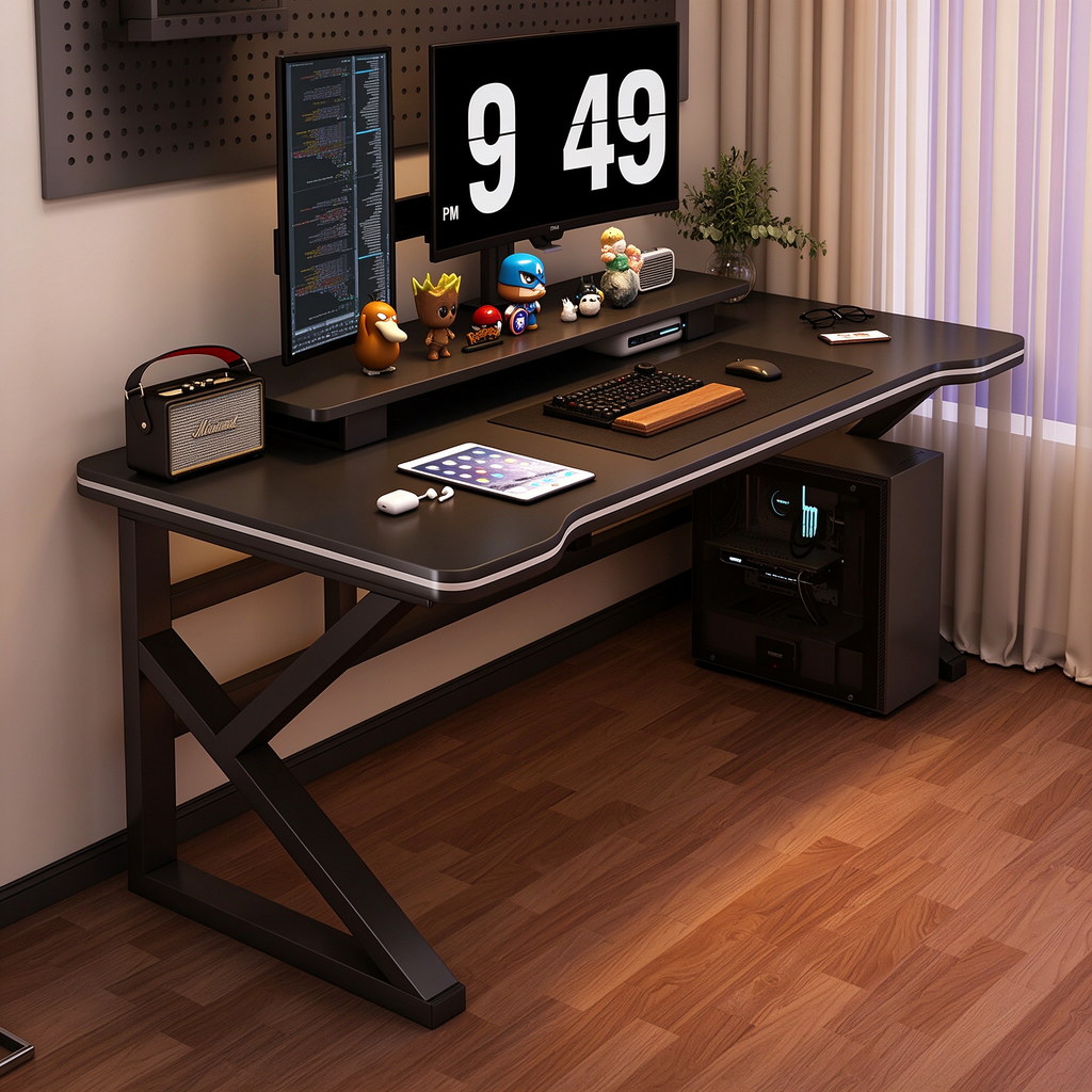 Black L-Shaped Gaming Desk with Monitor Shelf